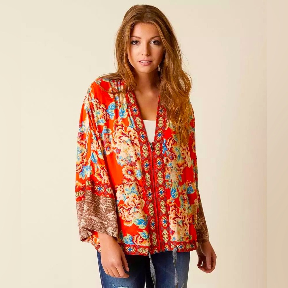 FREE PEOPLE ZipFront WILDFLOWER Floral Kimono Jacket Top NWT XS/S